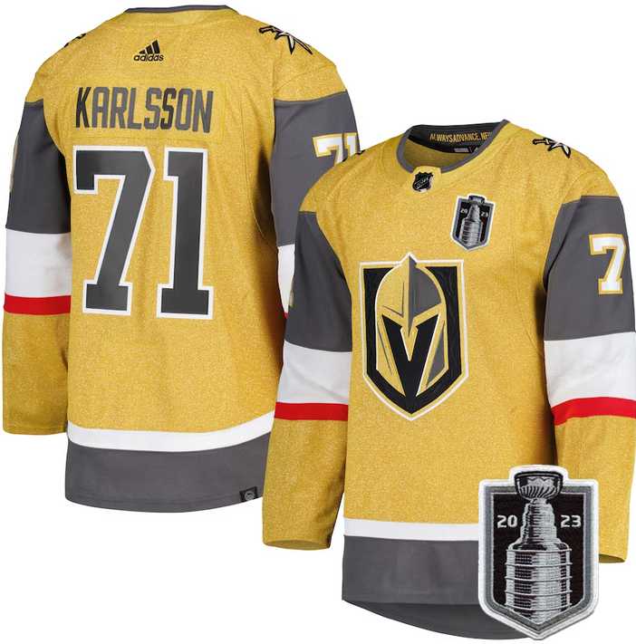 Mens Vegas Golden Knights #71 William Karlsson Gold 2023 Stanley Cup Final Stitched Jersey Dzhi->vegas golden knights->NHL Jersey